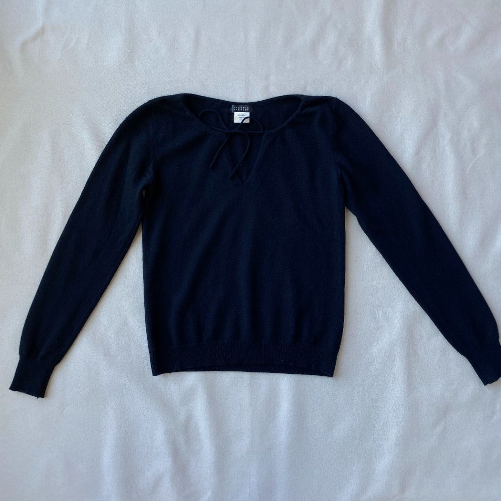 Claudie Pierlot Black Cashmere Sweater with V-Neck and Bow, Size T2 (Small).